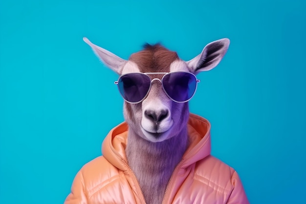 Foto cabra fresca con estilo en una chaqueta naranja con una capucha sobre un fondo azul en un estudio con gafas de sol ai generativa