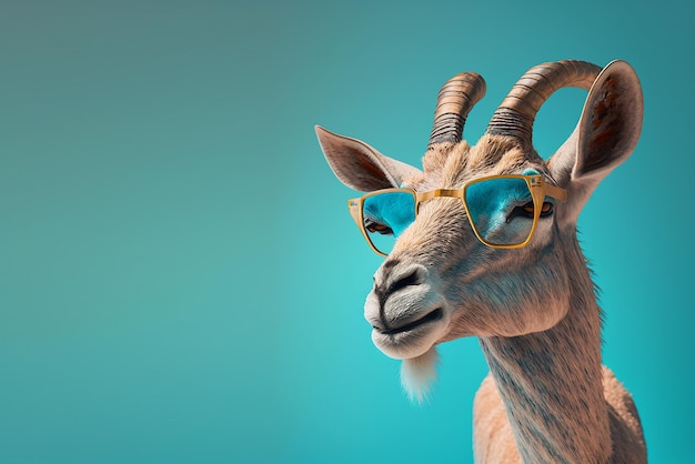 Una cabra con gafas de sol y un fondo azul.