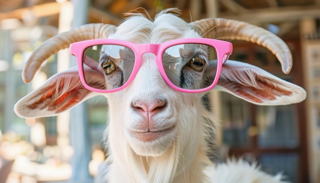 Foto una cabra con gafas de sol rosas por una imagen generada por ai