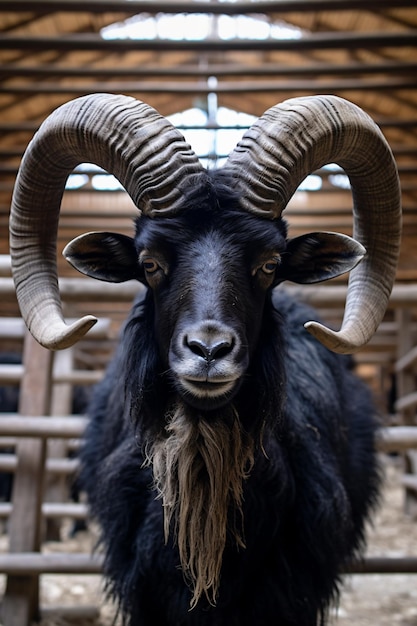 Foto una cabra con grandes cuernos parada en un corral