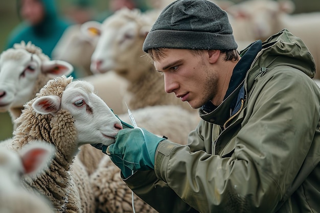 Foto una cabra lactante se encuentra con una vacunación de un veterinario en una naturaleza agrícola para aumentar la seguridad y supervisa el rebaño y el espacio ia generativa