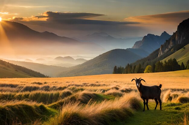 Una cabra montés se encuentra en un campo con el sol brillando sobre la montaña.
