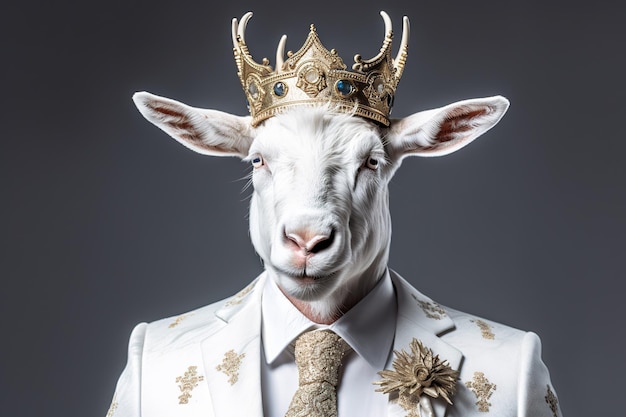 Una cabra que lleva una corona lleva un traje blanco con una corona de oro.