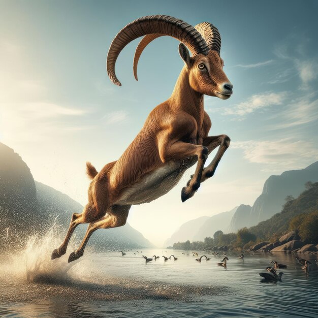 Foto una cabra saltando en el aire con personas en el fondo