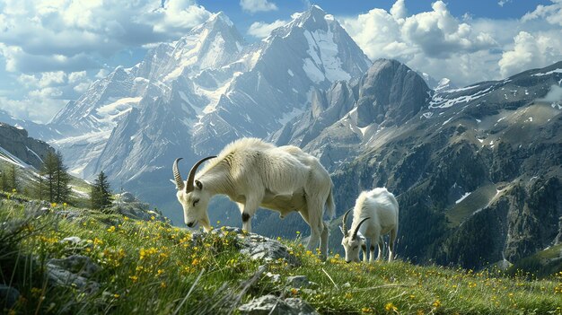 Cabras de montanha majestosas a mastigar a grama do prado