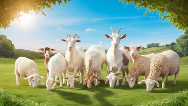 Cabras e ovelhas comendo grama em um dia ensolarado