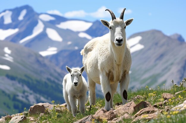 Cabras de montaña pastando en prados alpinos