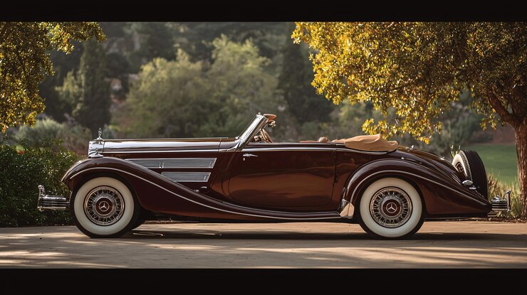 Foto cabrio de luxo de inspiração clássica com linhas elegantes, acentos cromados e um telhado softtop apresentado em um perfil lateral refinado com um esquema de cores vintage
