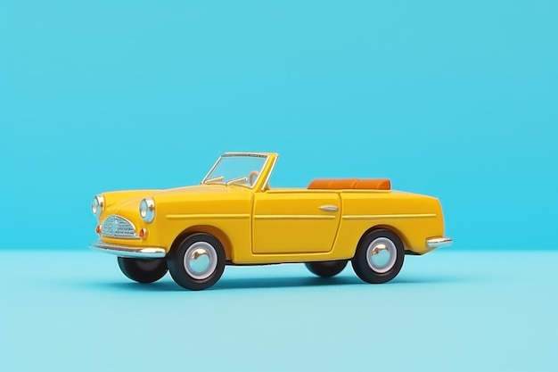 Cabriolet de carro de brinquedo retro amarelo em fundo azul com espaço de cópia