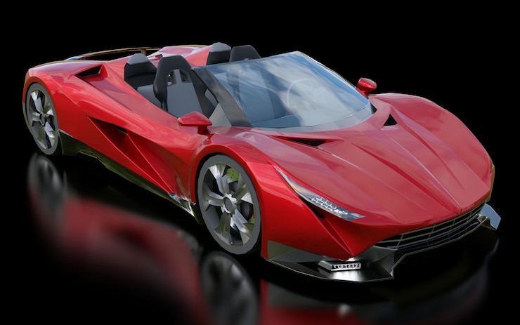 Foto cabriolet deportivo conceptual rojo para conducir por la ciudad y la pista de carreras sobre un fondo negro