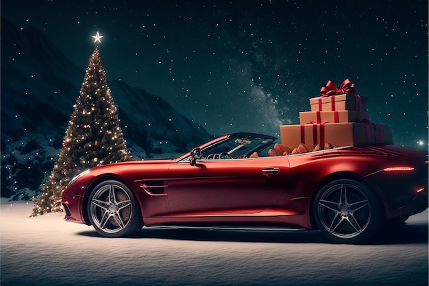 Cabriolet rojo decorado con coronas navideñas, mantas, almohadas y cajas de regalo con regalos, está parado en el camino nocturno