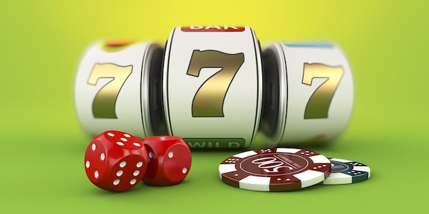 Caça-níqueis com jackpot de sete da sorte e dace com chips Trajeto de recorte incluído Renderização em 3d