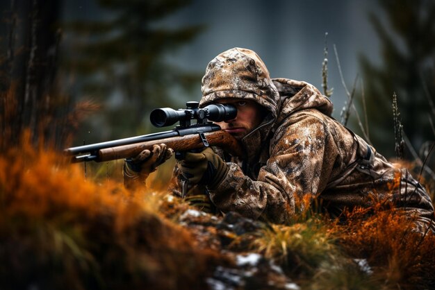 Caçador a apontar com um rifle