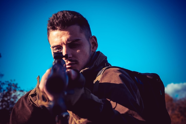 Foto caçador com arma de espingarda no alvo do caçador de caça com mira a laser colimando o rifle de mira