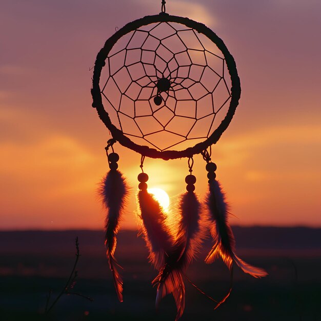 Foto caçador de sonhos ao amanhecer em silhueta contra o sol nascente símbolo de esperanças