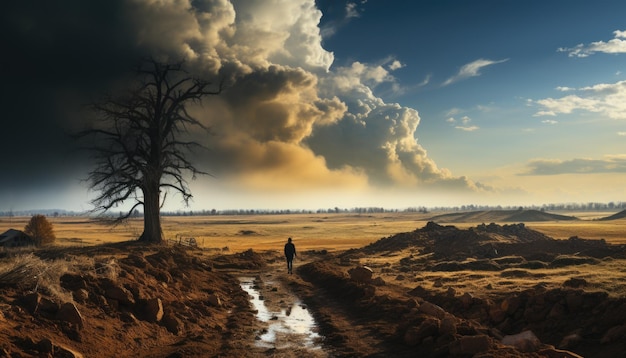 Caçador de tempestades caminhando pelo beco Tornado com vista para tons climáticos extremos