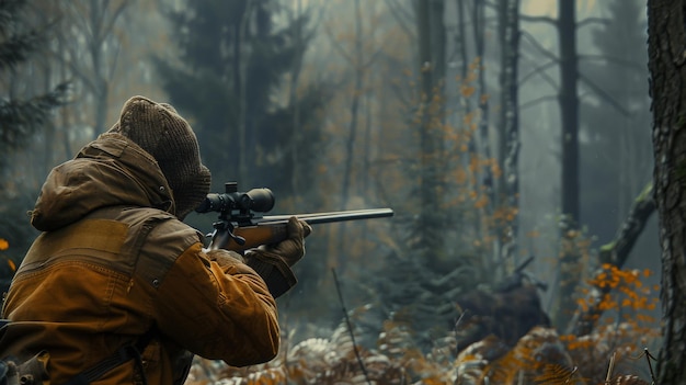 Caçador durante a caça na floresta Caçador segurando um rifle e apontando para a expedição de caça de cervos na floresta vestindo jaquetas castanhas e equipamentos refletores