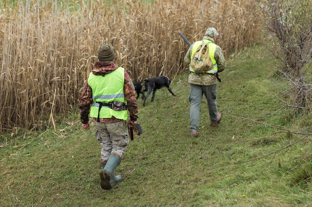 Caçadores com um drathaar alemão e um spaniel, caça ao pombo com cães em coletes refletivos