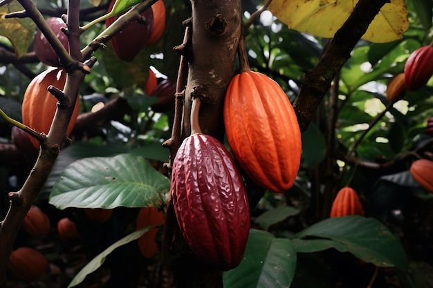 Foto cacao colgando de un árbol cacao en el huerto