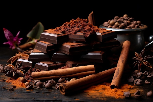 Cacao y especias variadas con chocolate sobre una mesa negra IA generativa