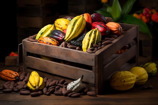 Cacao fresco y maduro en cajas de madera