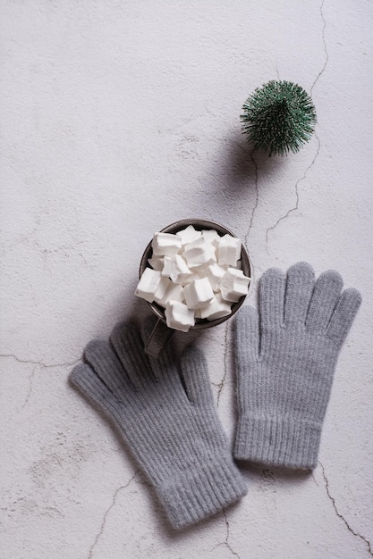 Cacao con guantes de lana de malvaviscos y un árbol de Navidad en yeso Vista superior y vertical