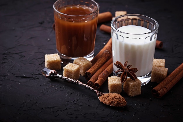 Cacao, leche, azúcar y canela.