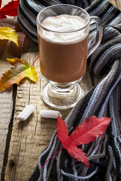 Cacao con malvaviscos, bufanda y hojas de otoño.