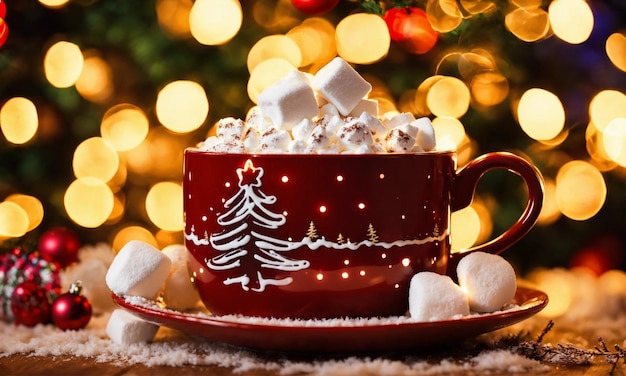 Cacao con malvaviscos con luces en el fondo del árbol de Navidad de cerca