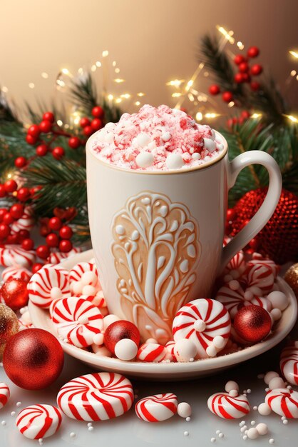 Cacao de Navidad con piruletas de menta en una taza