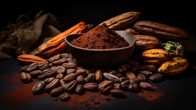 El cacao sobre un fondo negro