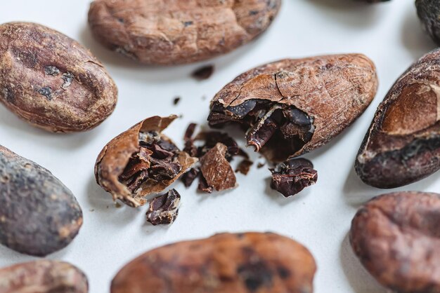 Cacao tostado de primer plano de frijoles poco profundos