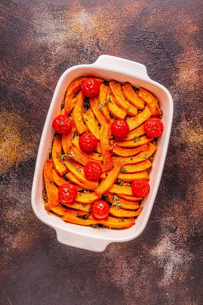 Caçarola de abóbora com carne, arroz, tomate, vista superior.