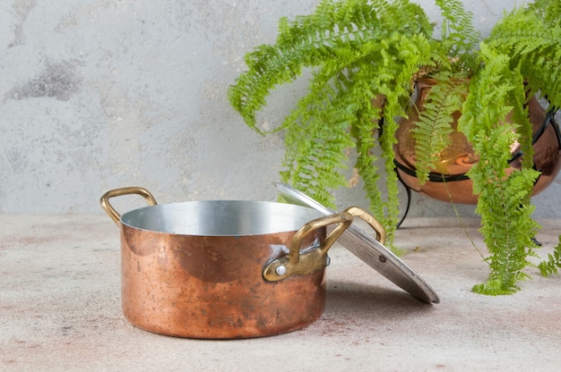 Caçarola de cobre velha com tampa e alças de latão e planta verde em vaso de cobre em uma mesa de concreto.