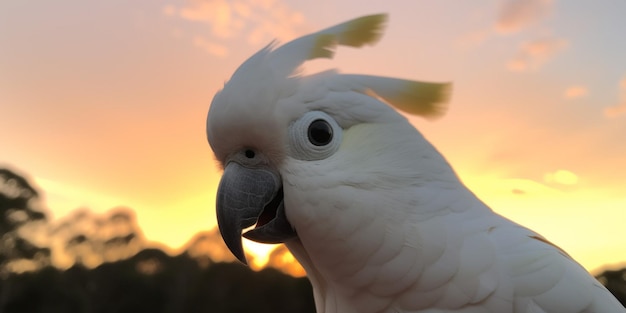 Una cacatúa con un atardecer de fondo