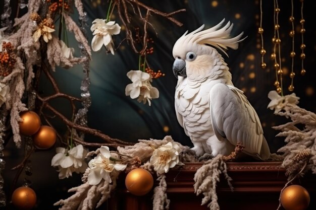 Cacatua empoleira-se em galho festivo celebrando o Natal com charme sedutor