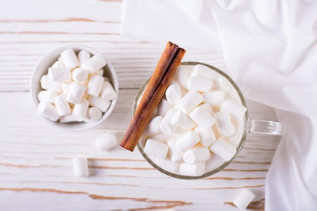 Cacau com marshmallow e canela em uma xícara e um prato de biscoitos de aveia Vista superior Closeup