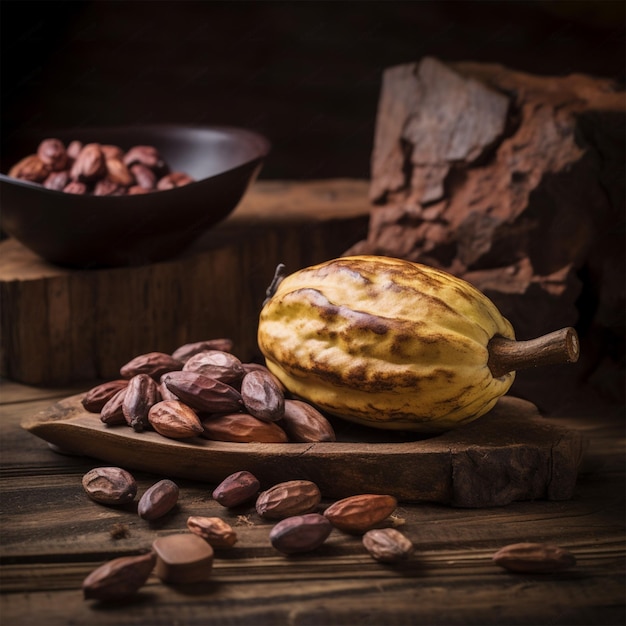 Cacau Fruto Cacau Cru Grãos De Cacau Vagem Sobre Fundo De Madeira