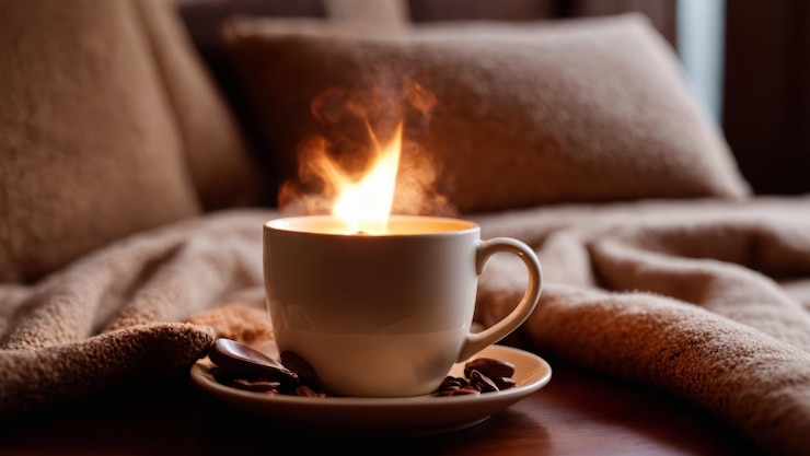 Foto cacau quente com vapor a subir numa mesa de café aconchegante