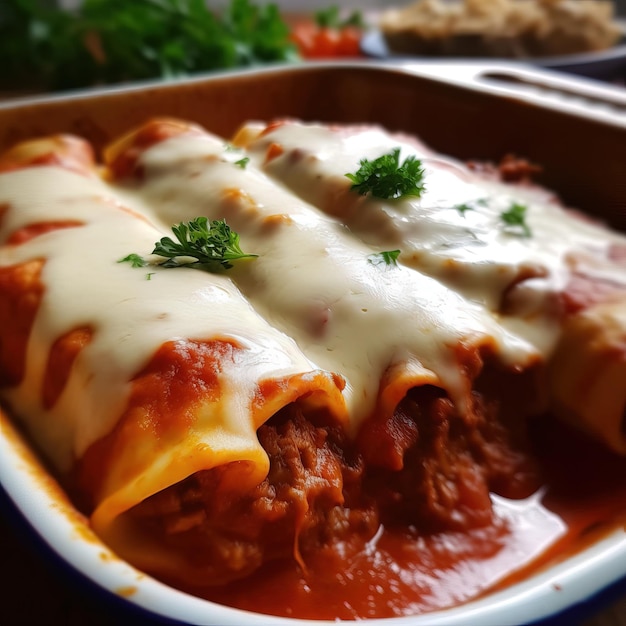 Una cacerola de comida con carne y queso