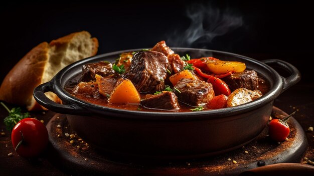 Una cacerola de comida con carne y verduras.