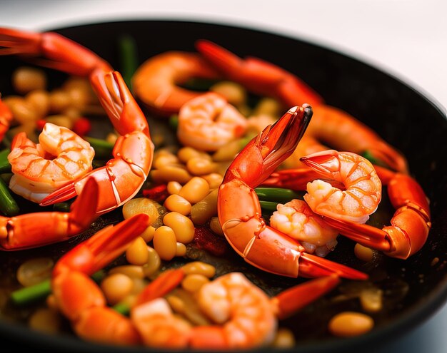 Una cacerola de comida con gambas y frijoles.