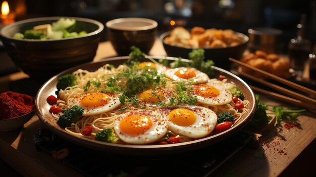 Una cacerola de comida con huevos y verduras.