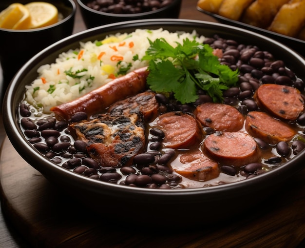 Una cacerola de comida con un plato de comida con salchicha y arroz.