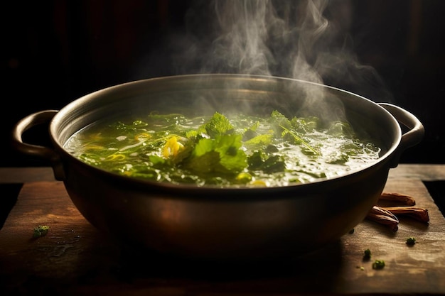 una cacerola de comida verde con un vapor de vegetales verdes.