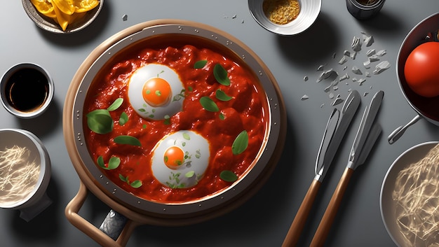 Una cacerola de huevos en salsa de tomate con hojas de albahaca encima.