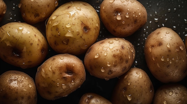 Una cacerola de papas con gotas de agua sobre ellas