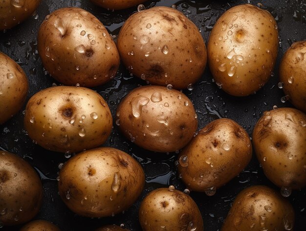 Una cacerola de patatas crudas con gotas de agua