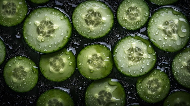 Una cacerola de pepinos con gotas de agua sobre ellos