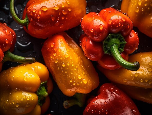 Una cacerola de pimientos coloridos con gotas de agua sobre ellos.